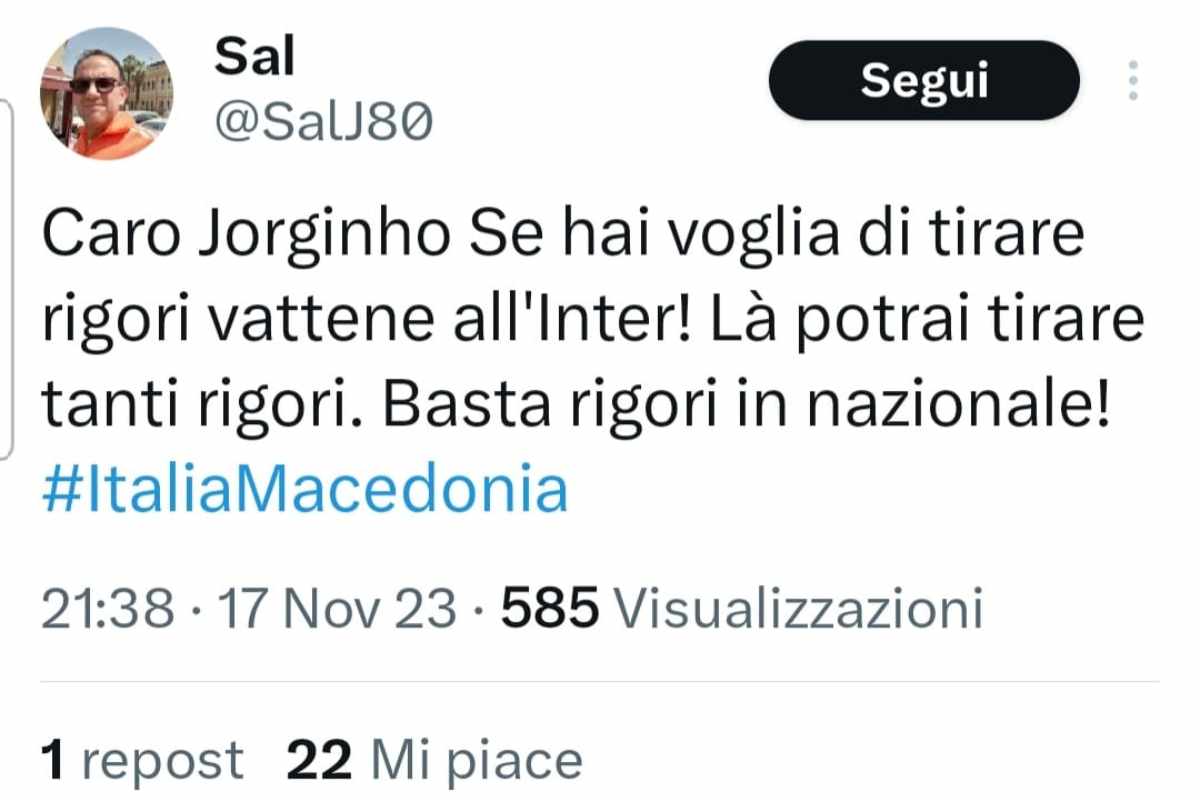 Secondo tweet contro Jorginho 