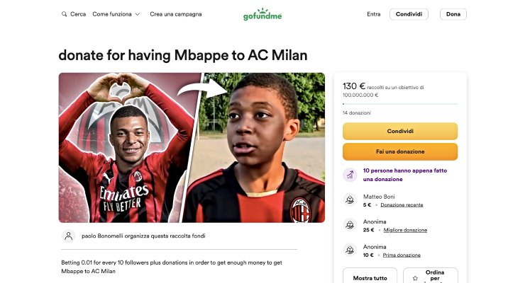 La raccolta fondi per Mbappé al Milan. (screenshot gofundme - tvplay) 20240130