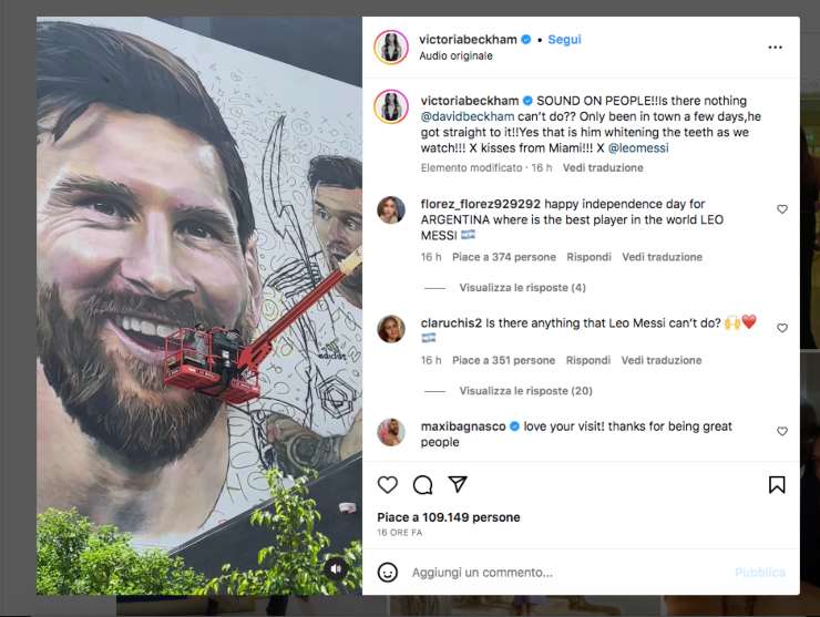 David Beckham e il murales per Messi a Miami. (screenshot Instagram-Tvplay) 20230710