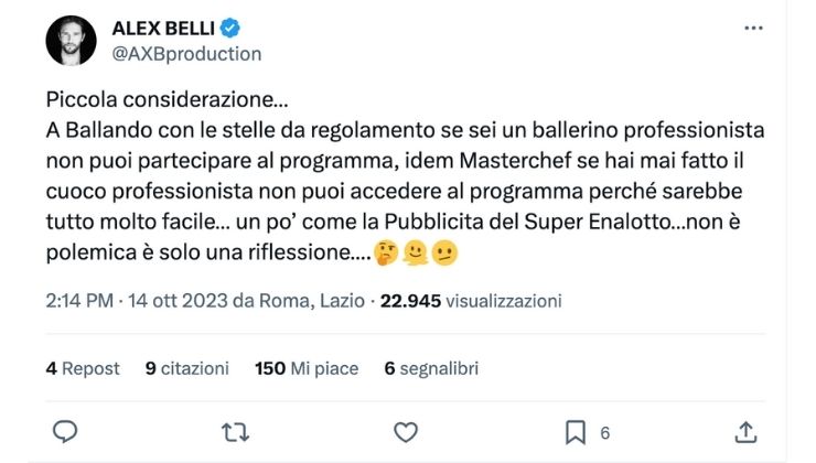 alex belli replica su twitter