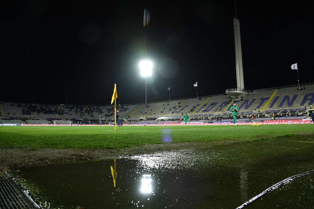 Lo Stadio Franchi di Firenze sotto la pioggia